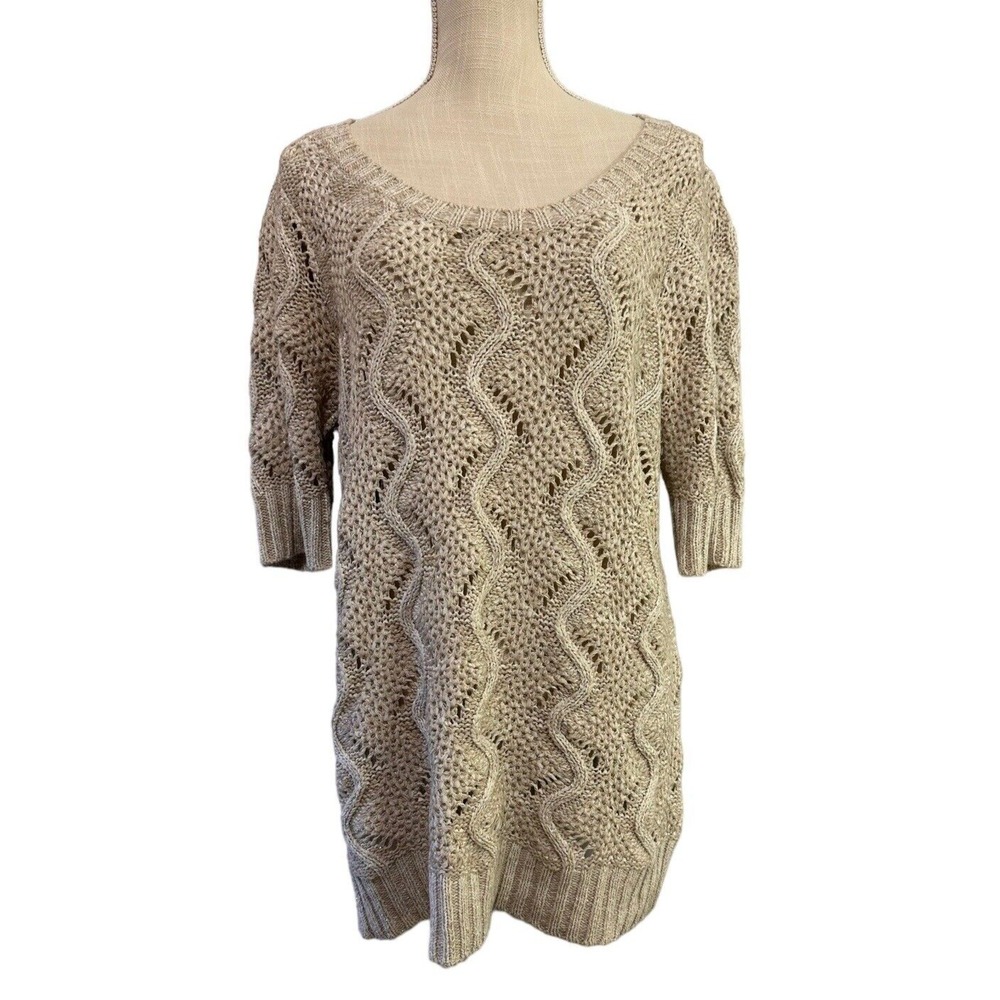 Elle Womens Crochet Cable Short Sleeve Sweater Size L Beige Scoop Neck Open Knit